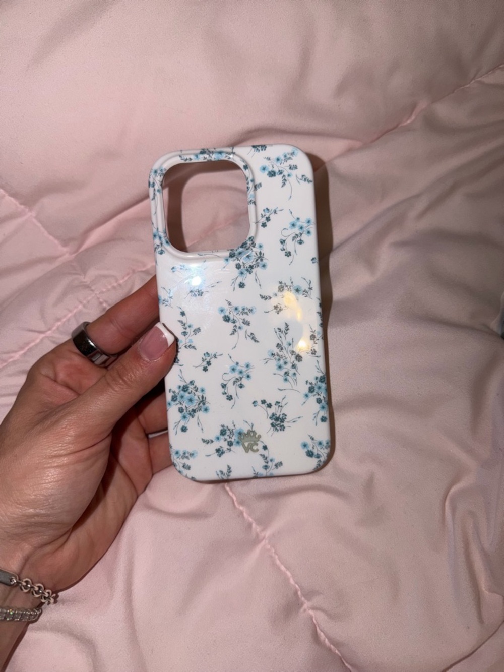 Velvet Caviar White Phone Case with Blue Floral Print